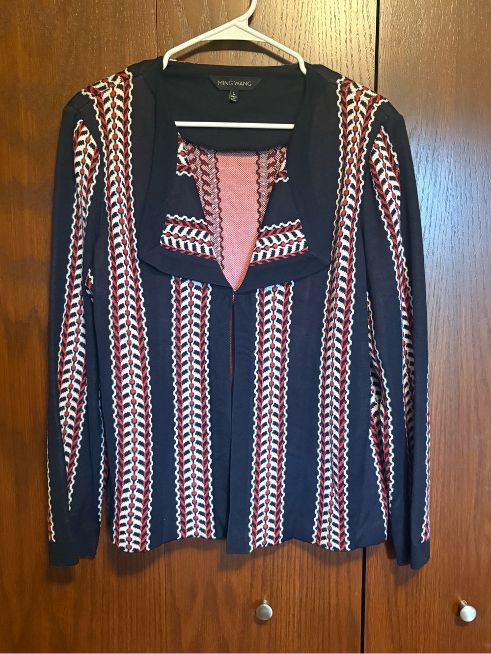 Ming Wang Navy Striped Knit Jacket with Red & White Details